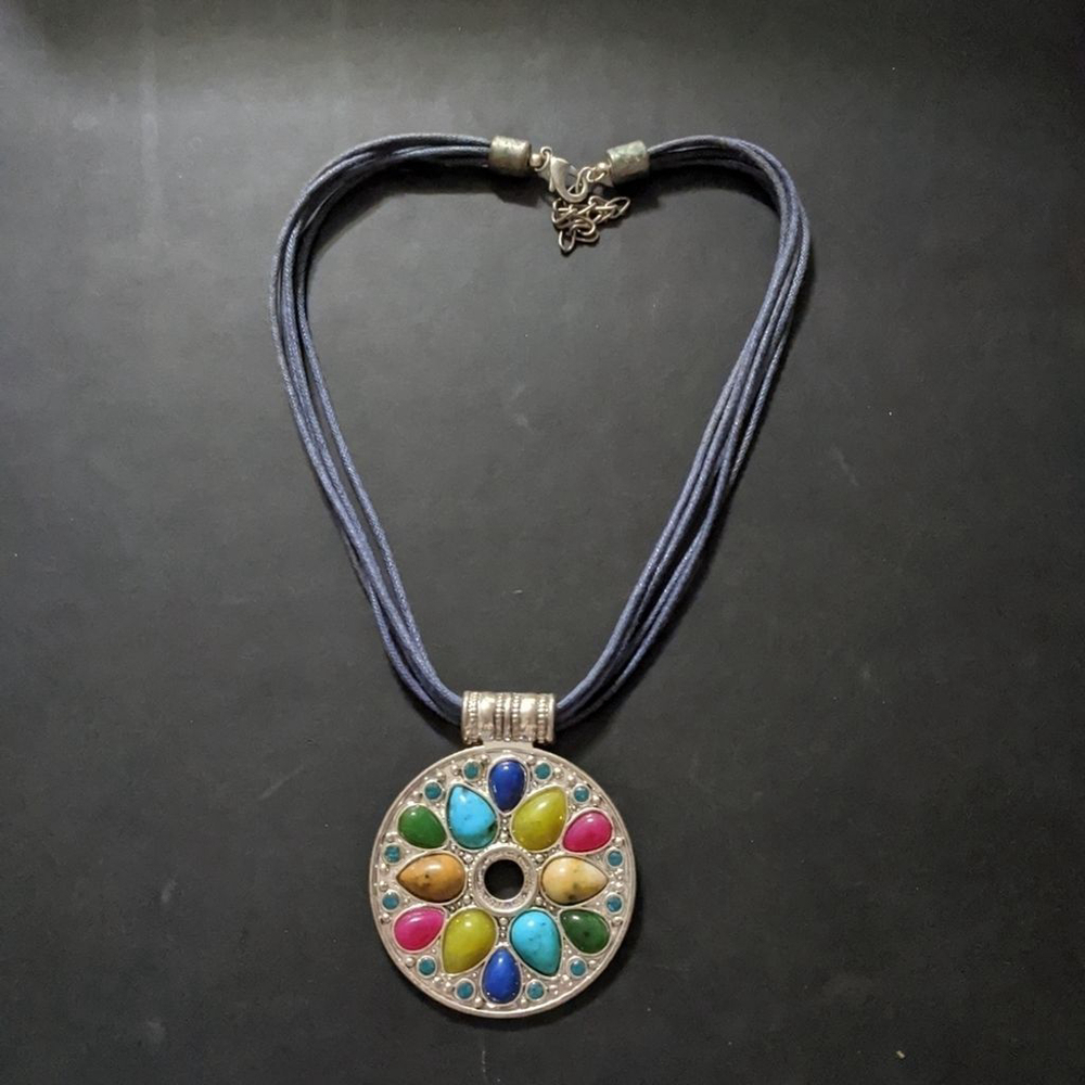 Silver Tone Multi Color Beaded Rhinestone Mandala Pendant Statement Necklace